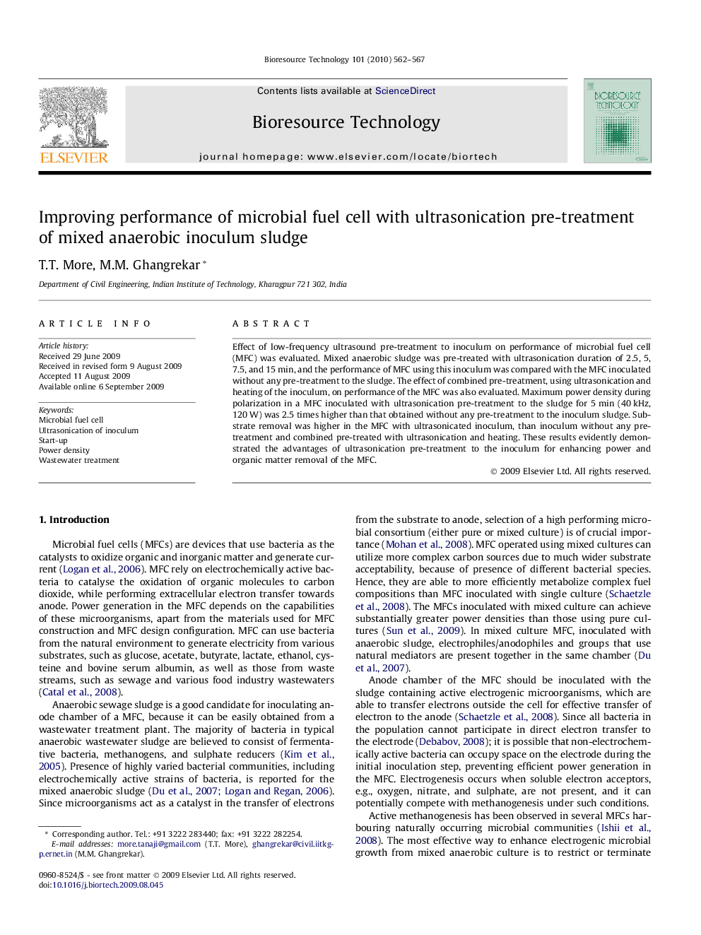 Improving performance of microbial fuel cell with ultrasonication pre-treatment of mixed anaerobic inoculum sludge