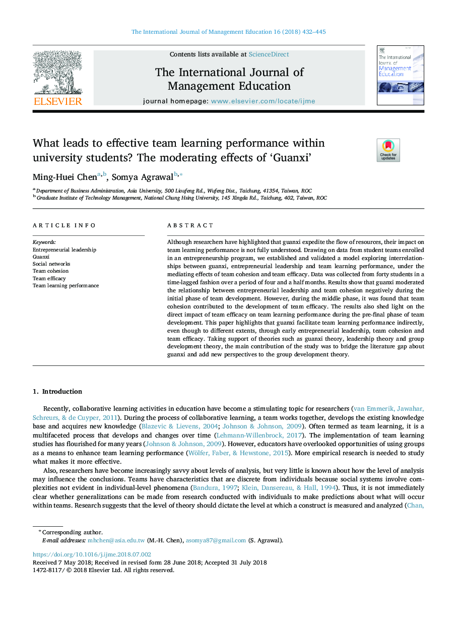 What leads to effective team learning performance within university students? The moderating effects of 'Guanxi'