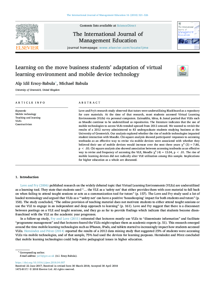 Learning on the move business students' adaptation of virtual learning environment and mobile device technology