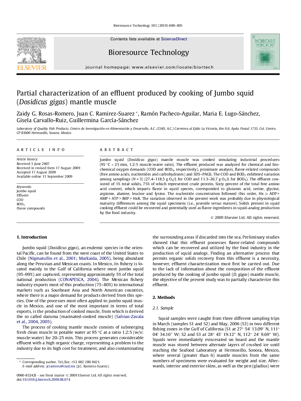 Partial characterization of an effluent produced by cooking of Jumbo squid (Dosidicus gigas) mantle muscle