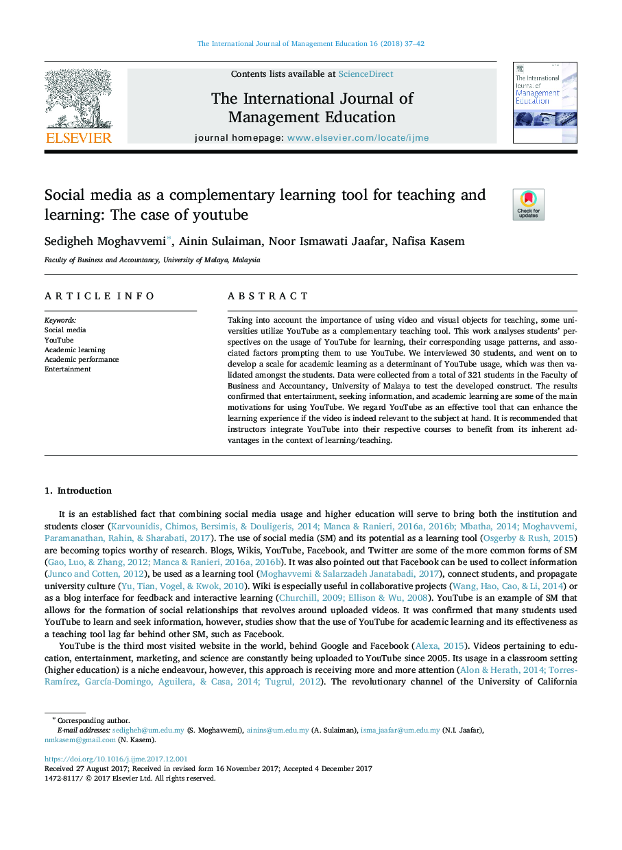 Social media as a complementary learning tool for teaching and learning: The case of youtube