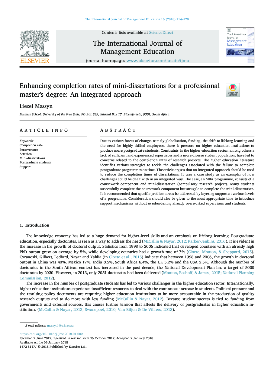 Enhancing completion rates of mini-dissertations for a professional master's degree: An integrated approach