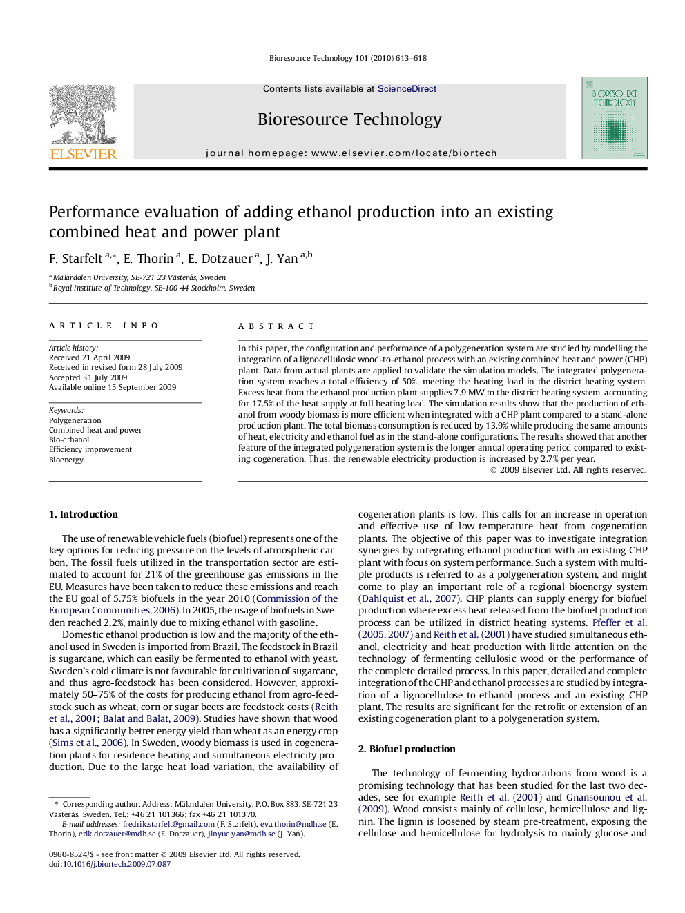 Performance evaluation of adding ethanol production into an existing combined heat and power plant