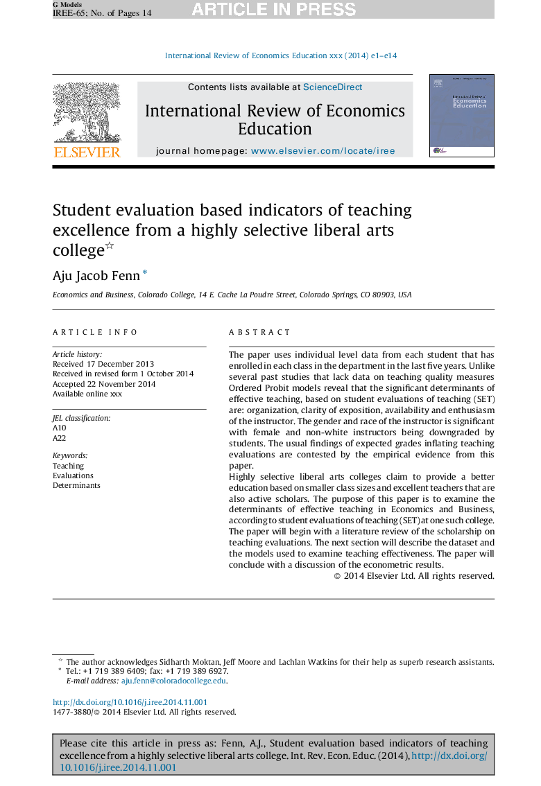 Student evaluation based indicators of teaching excellence from a highly selective liberal arts college