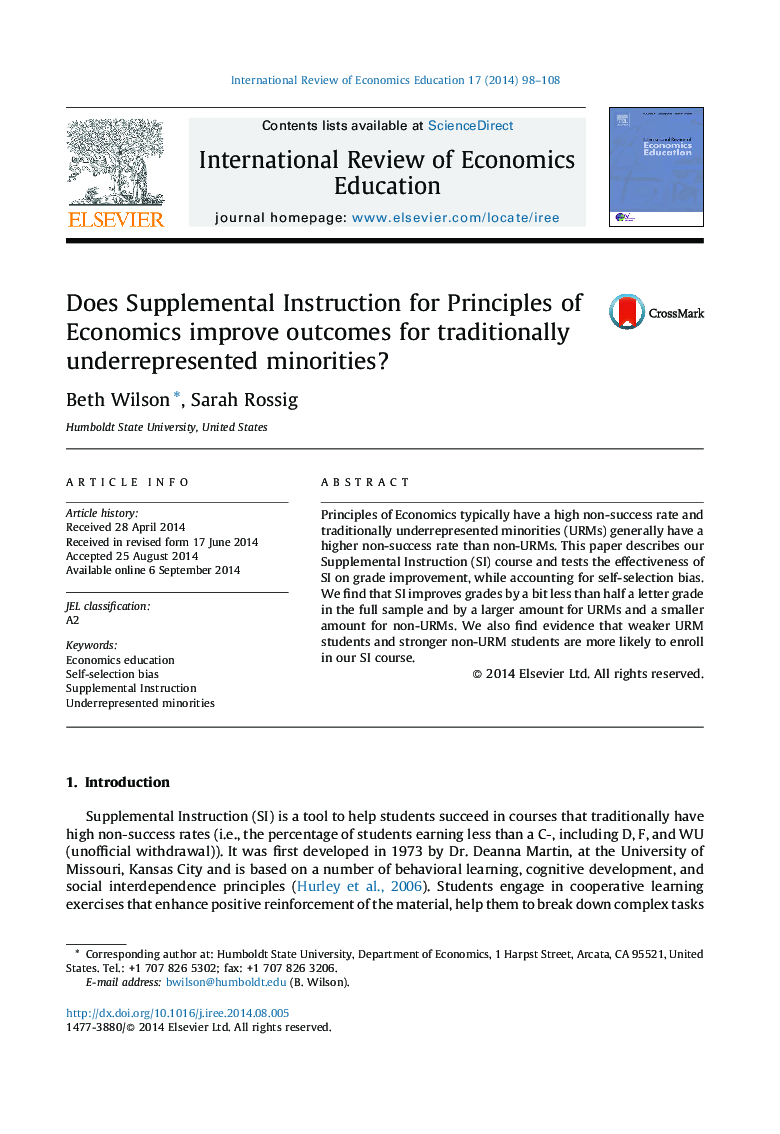 Does Supplemental Instruction for Principles of Economics improve outcomes for traditionally underrepresented minorities?