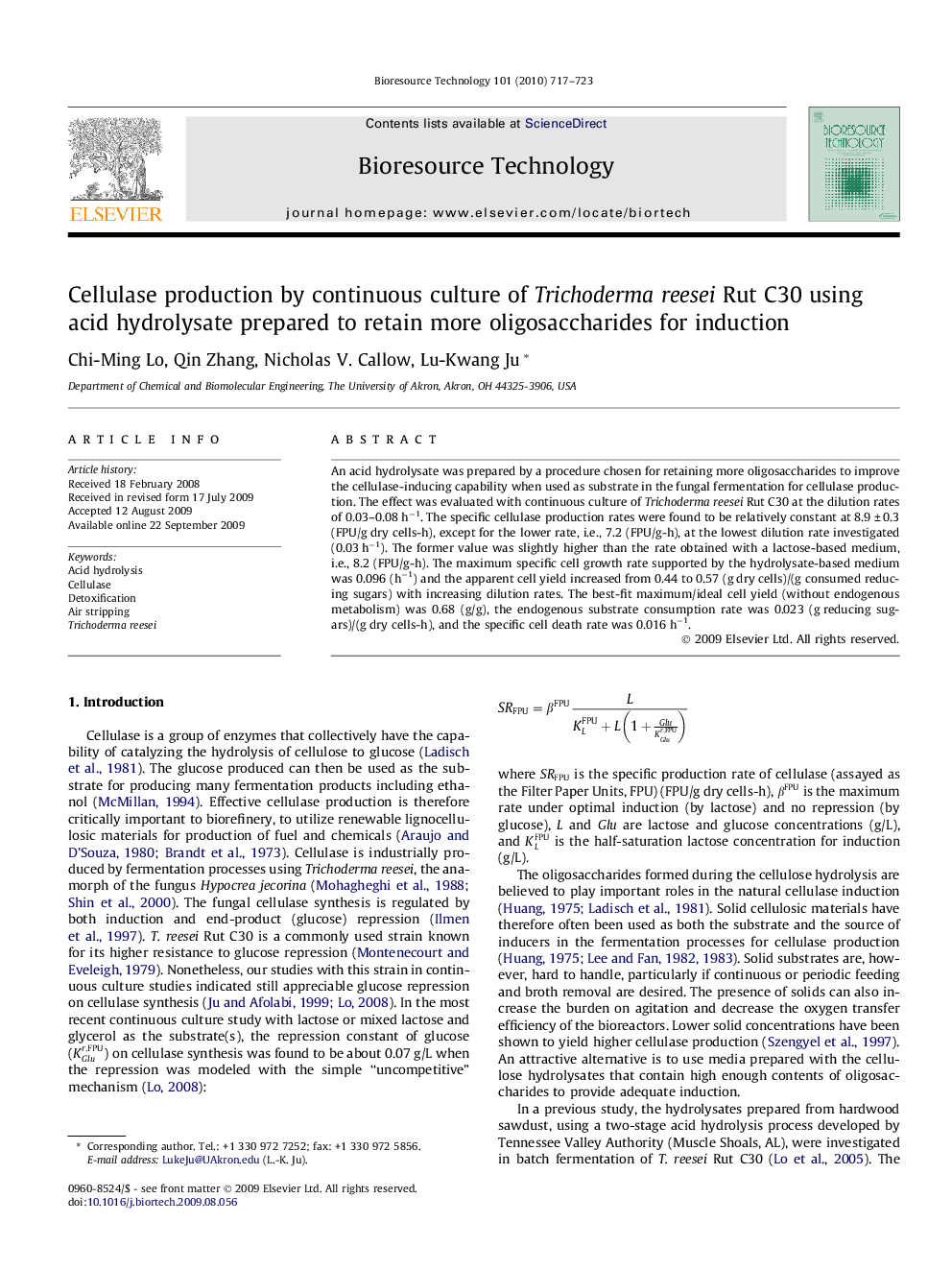 Cellulase production by continuous culture of Trichoderma reesei Rut C30 using acid hydrolysate prepared to retain more oligosaccharides for induction