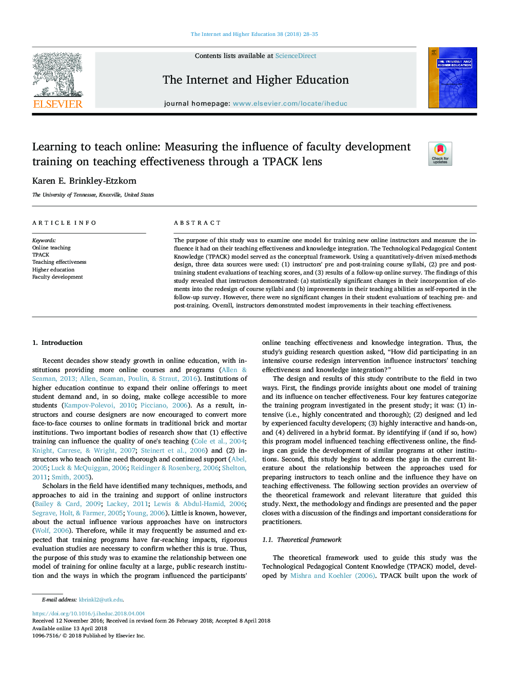 Learning to teach online: Measuring the influence of faculty development training on teaching effectiveness through a TPACK lens