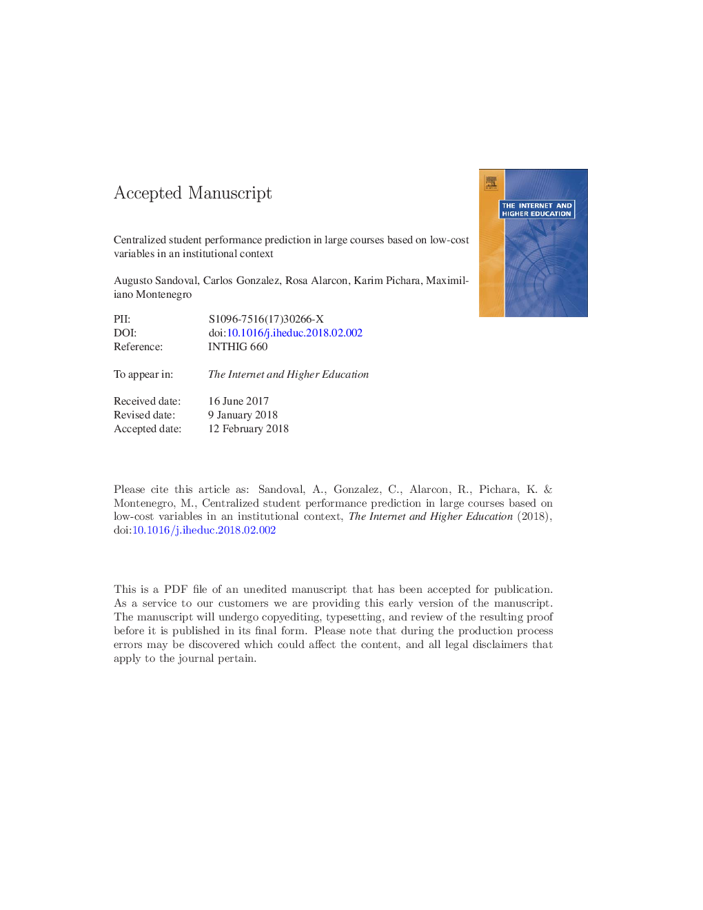 Centralized student performance prediction in large courses based on low-cost variables in an institutional context