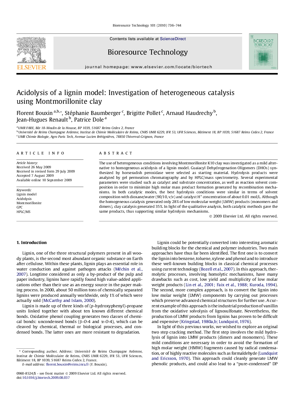 Acidolysis of a lignin model: Investigation of heterogeneous catalysis using Montmorillonite clay