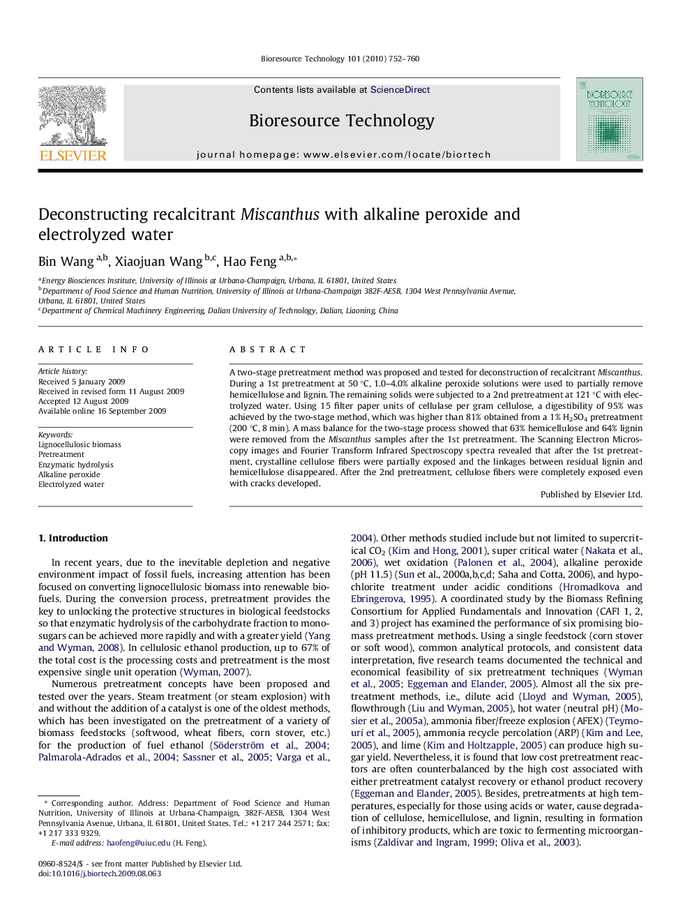 Deconstructing recalcitrant Miscanthus with alkaline peroxide and electrolyzed water