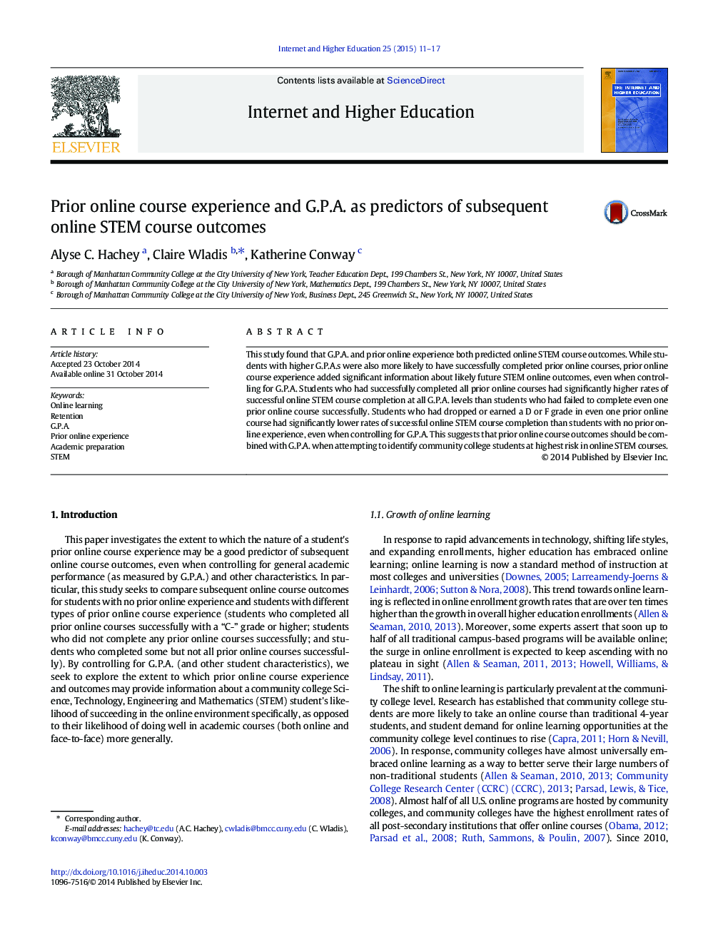 Prior online course experience and G.P.A. as predictors of subsequent online STEM course outcomes