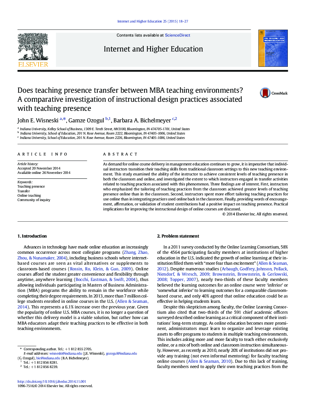 Does teaching presence transfer between MBA teaching environments? A comparative investigation of instructional design practices associated with teaching presence