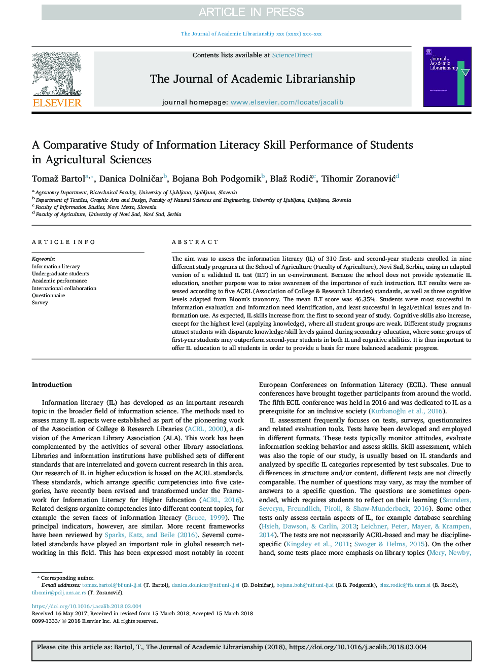 A Comparative Study of Information Literacy Skill Performance of Students in Agricultural Sciences