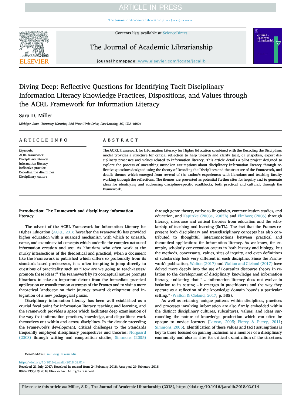 Diving Deep: Reflective Questions for Identifying Tacit Disciplinary Information Literacy Knowledge Practices, Dispositions, and Values through the ACRL Framework for Information Literacy
