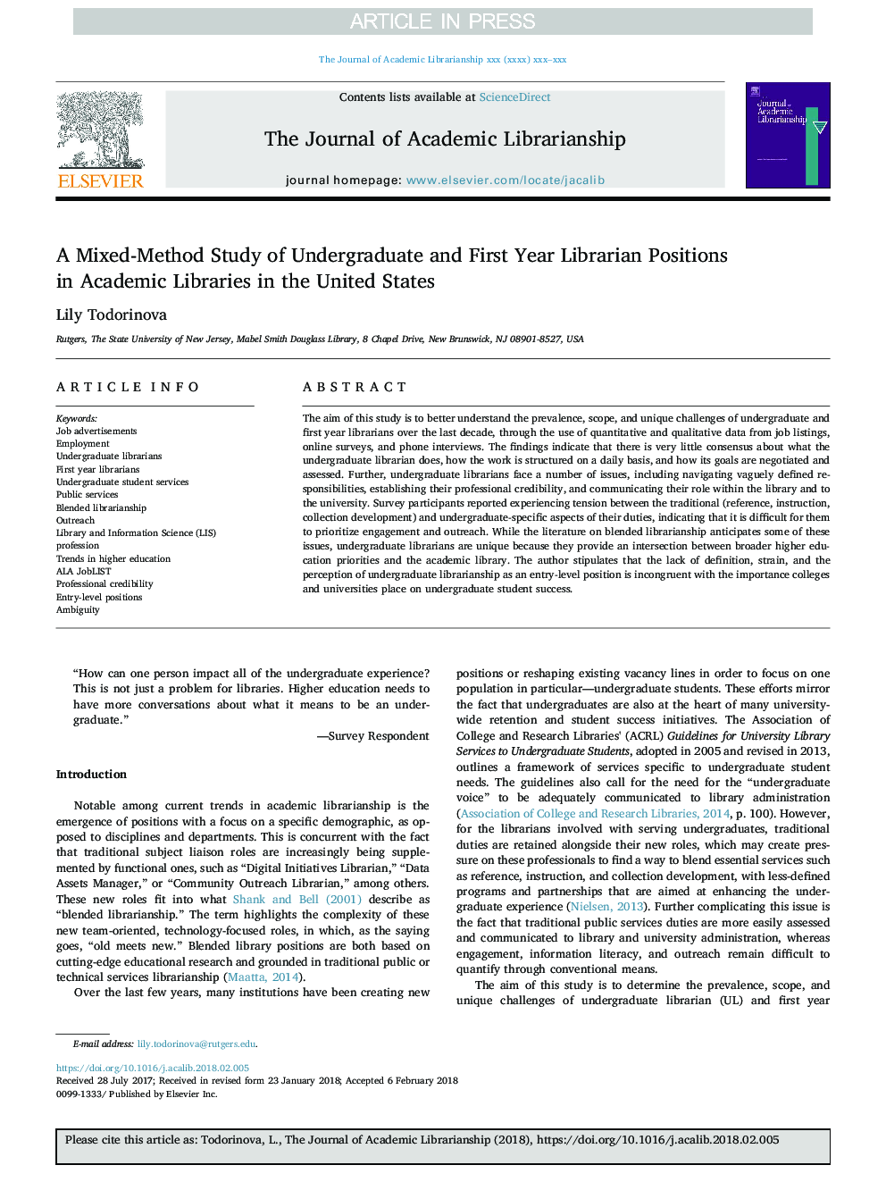 A Mixed-Method Study of Undergraduate and First Year Librarian Positions in Academic Libraries in the United States