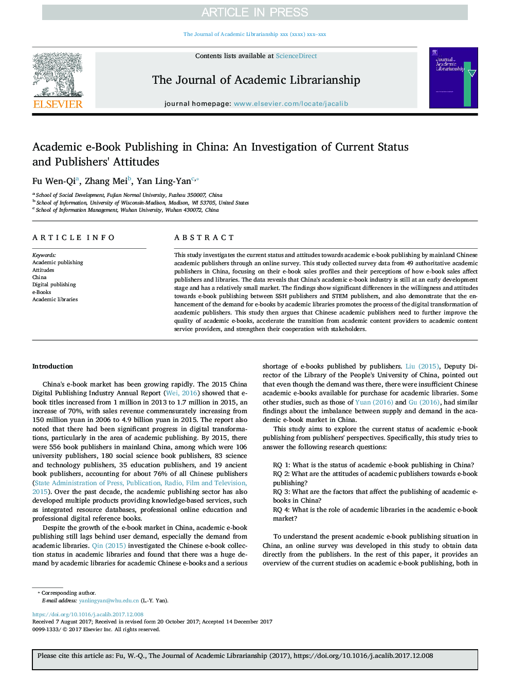 Academic e-Book Publishing in China: An Investigation of Current Status and Publishers' Attitudes