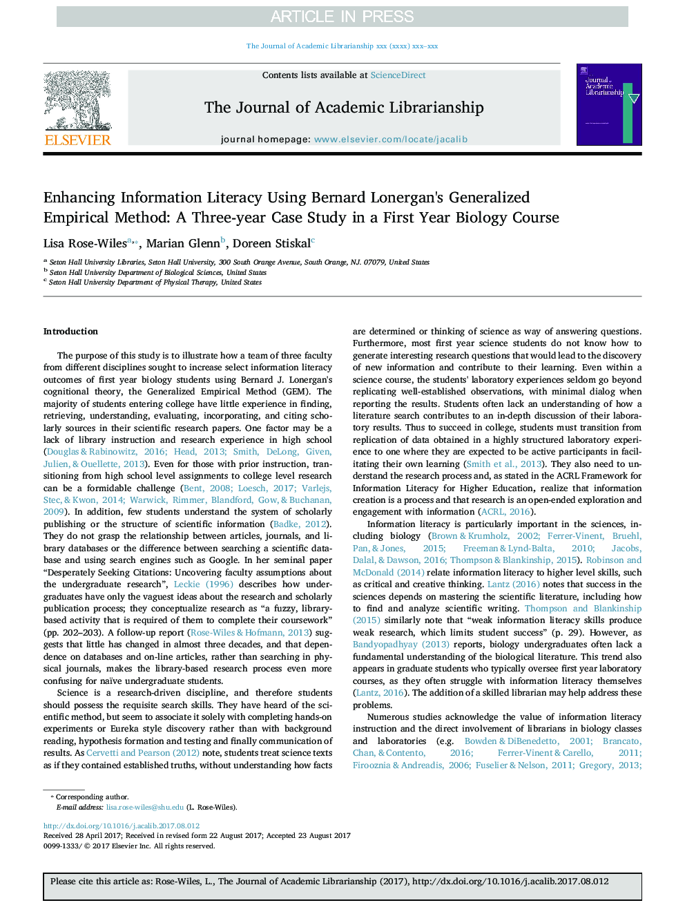 Enhancing Information Literacy Using Bernard Lonergan's Generalized Empirical Method: A Three-year Case Study in a First Year Biology Course