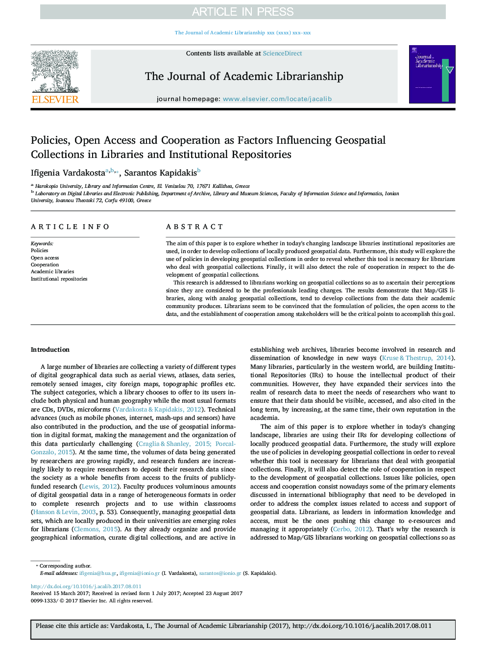 Policies, Open Access and Cooperation as Factors Influencing Geospatial Collections in Libraries and Institutional Repositories