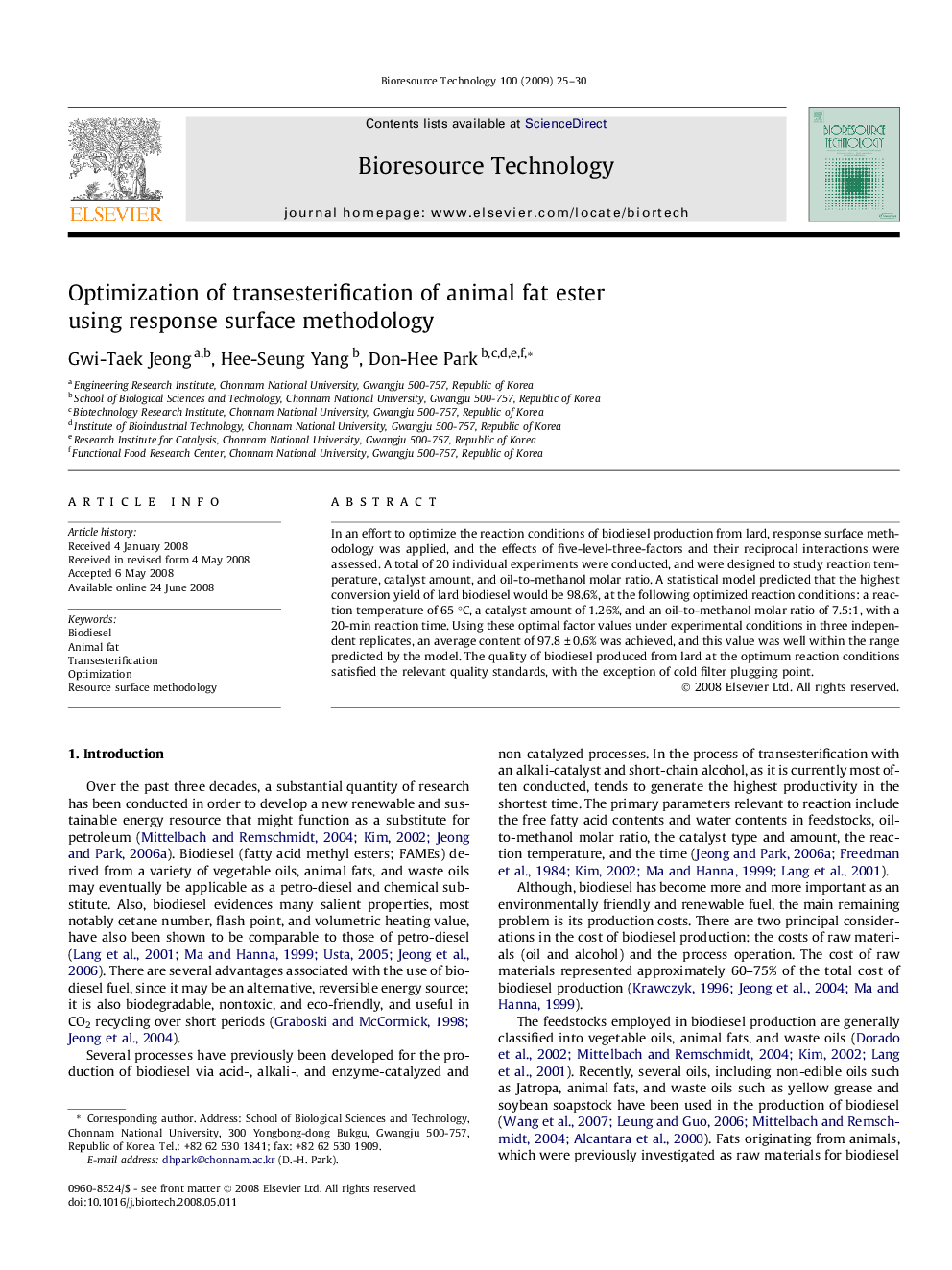 Optimization of transesterification of animal fat ester using response surface methodology