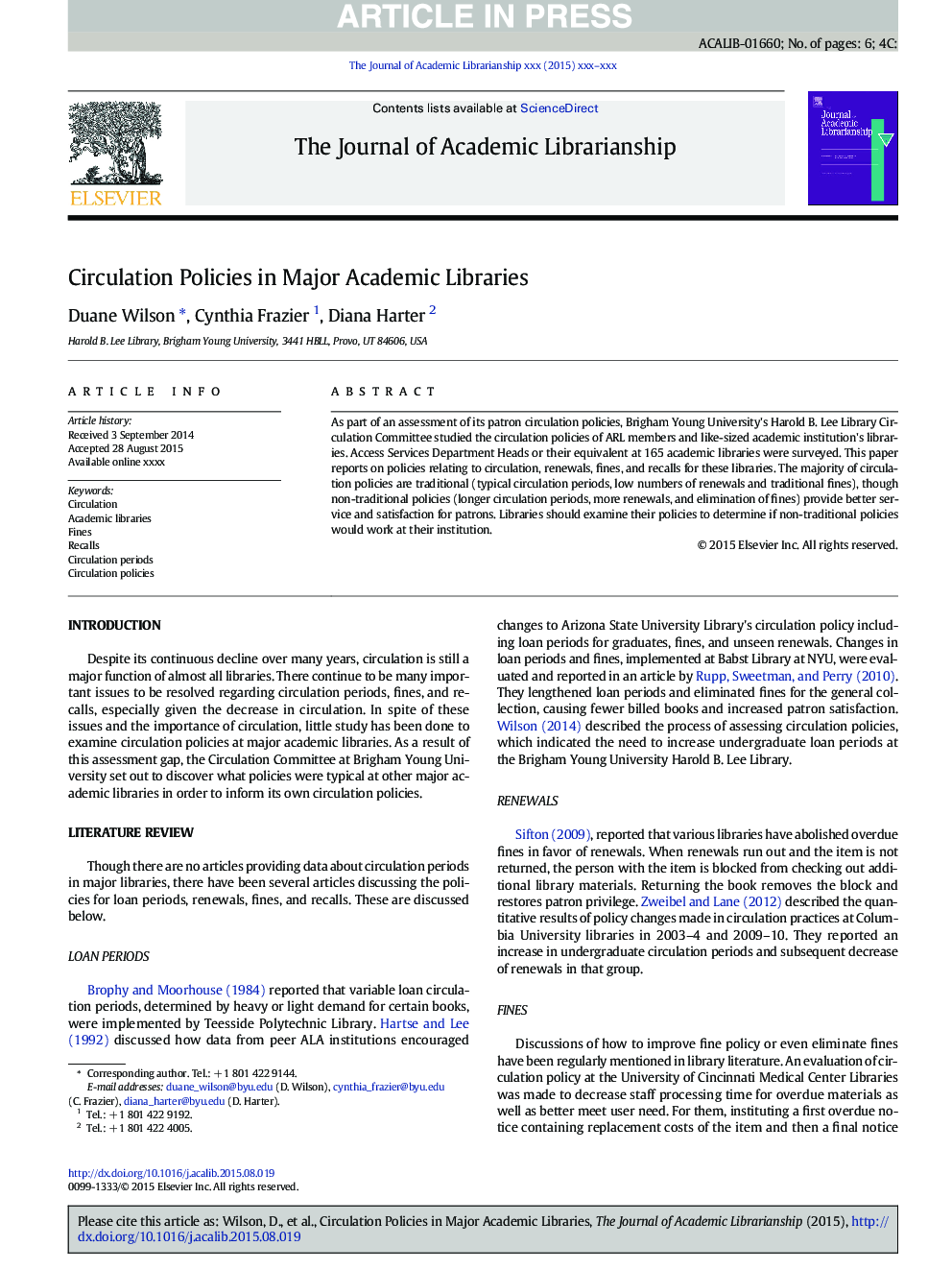 Circulation Policies in Major Academic Libraries