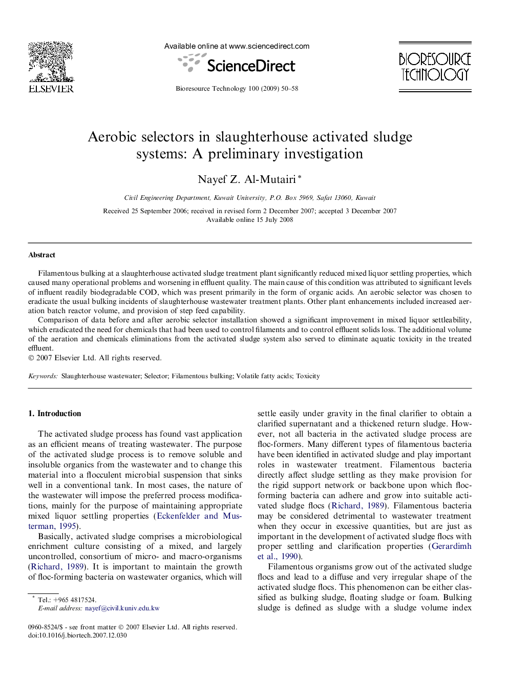 Aerobic selectors in slaughterhouse activated sludge systems: A preliminary investigation