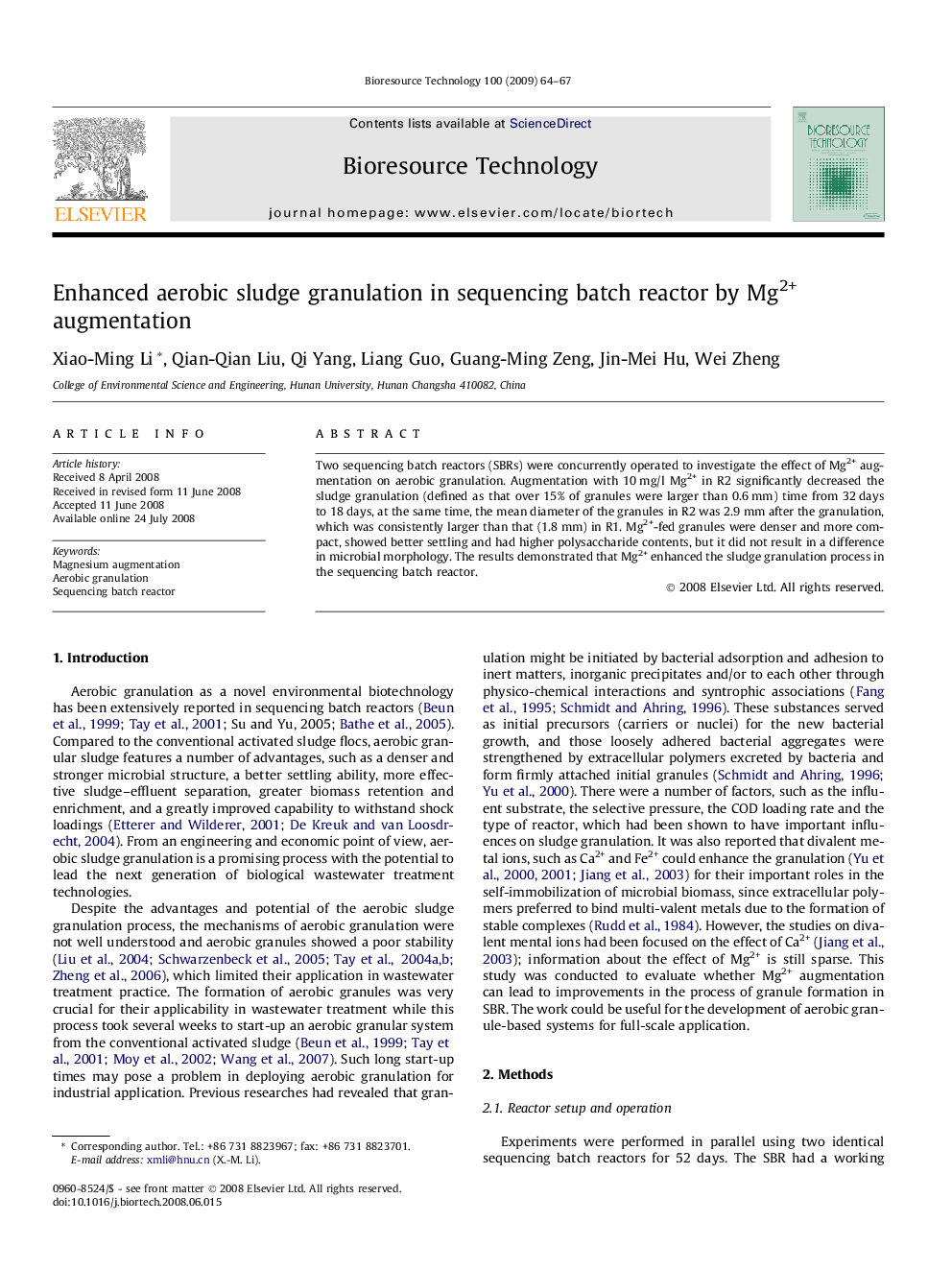 Enhanced aerobic sludge granulation in sequencing batch reactor by Mg2+ augmentation