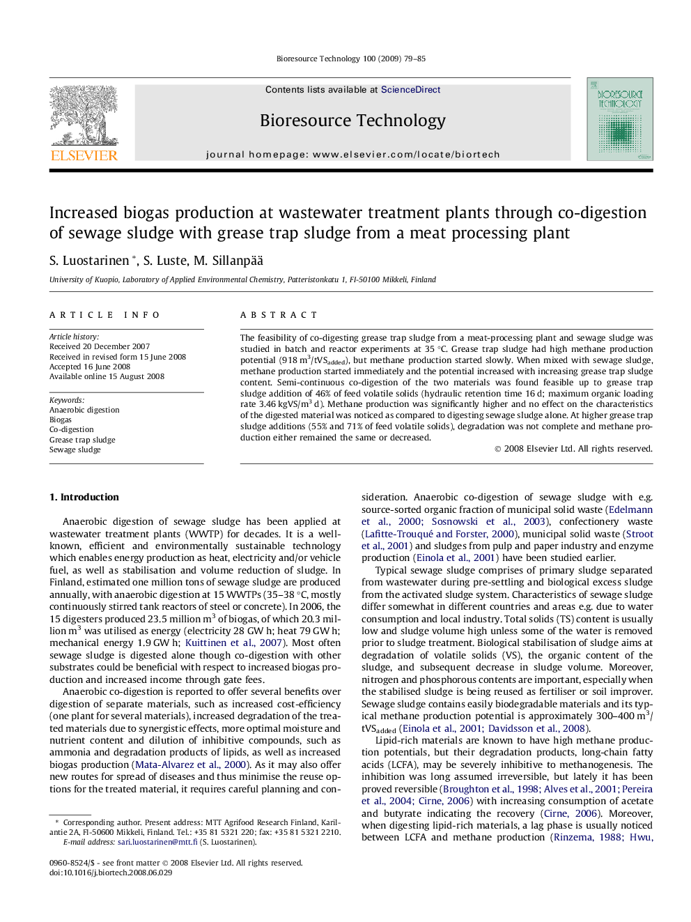 Increased biogas production at wastewater treatment plants through co-digestion of sewage sludge with grease trap sludge from a meat processing plant