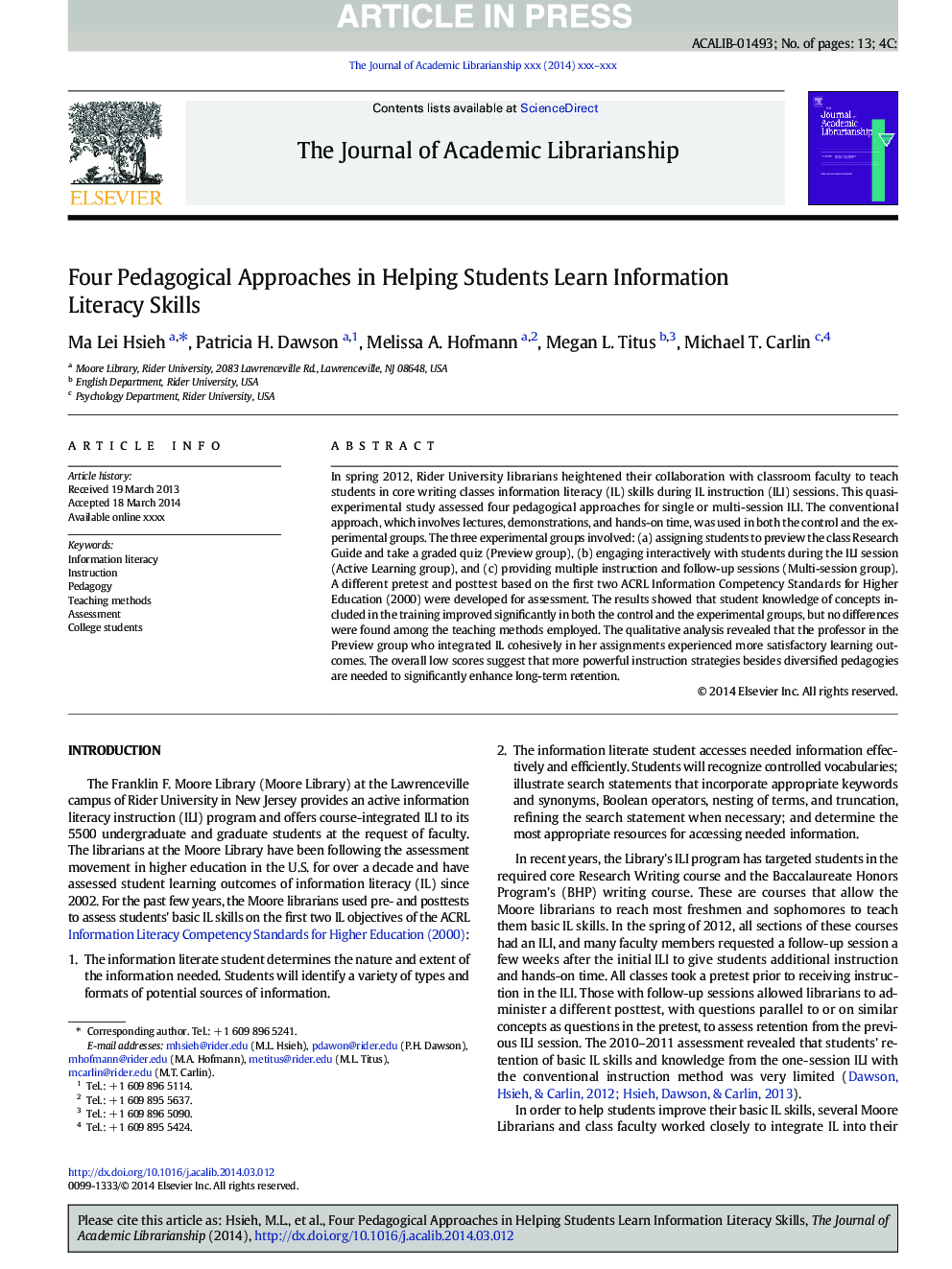 Four Pedagogical Approaches in Helping Students Learn Information Literacy Skills