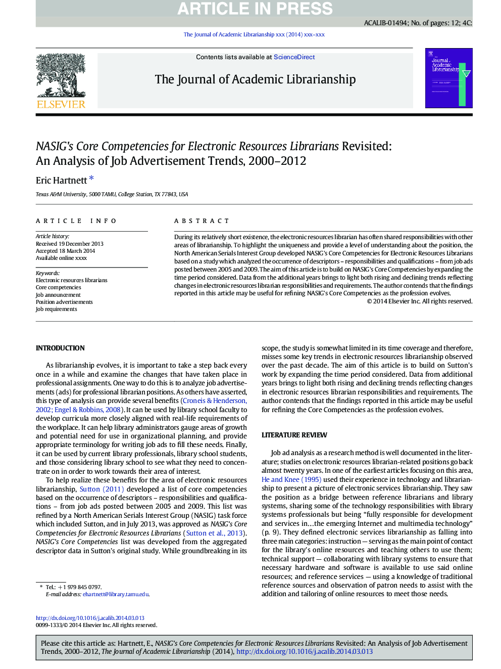 NASIG's Core Competencies for Electronic Resources Librarians Revisited: An Analysis of Job Advertisement Trends, 2000-2012