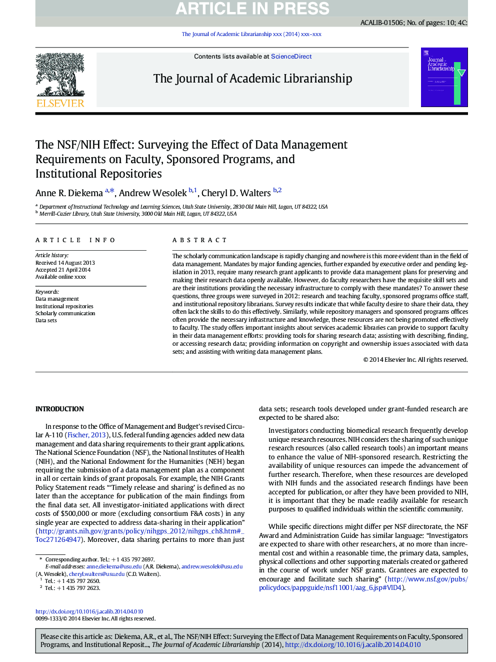 The NSF/NIH Effect: Surveying the Effect of Data Management Requirements on Faculty, Sponsored Programs, and Institutional Repositories