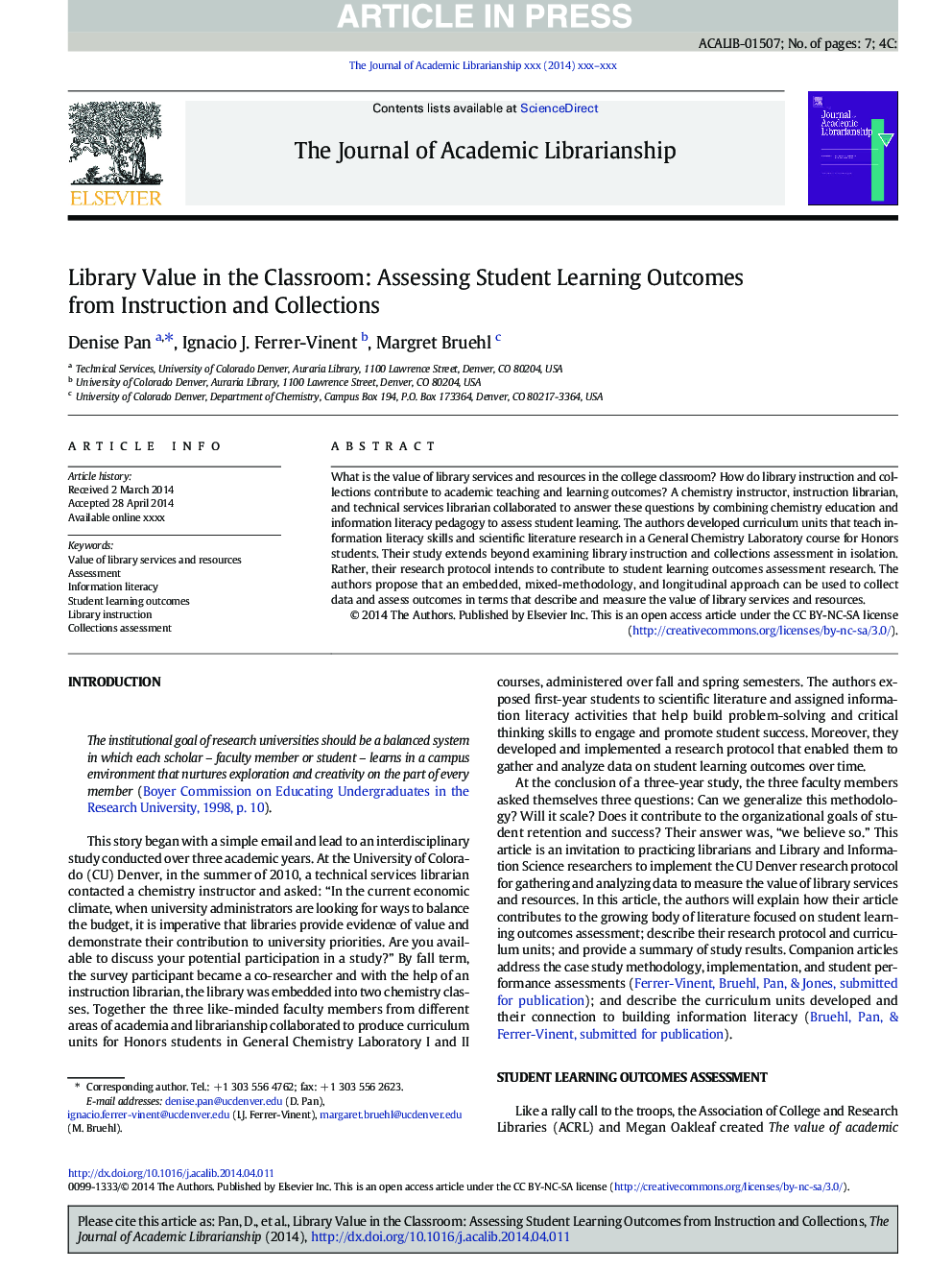 Library Value in the Classroom: Assessing Student Learning Outcomes from Instruction and Collections