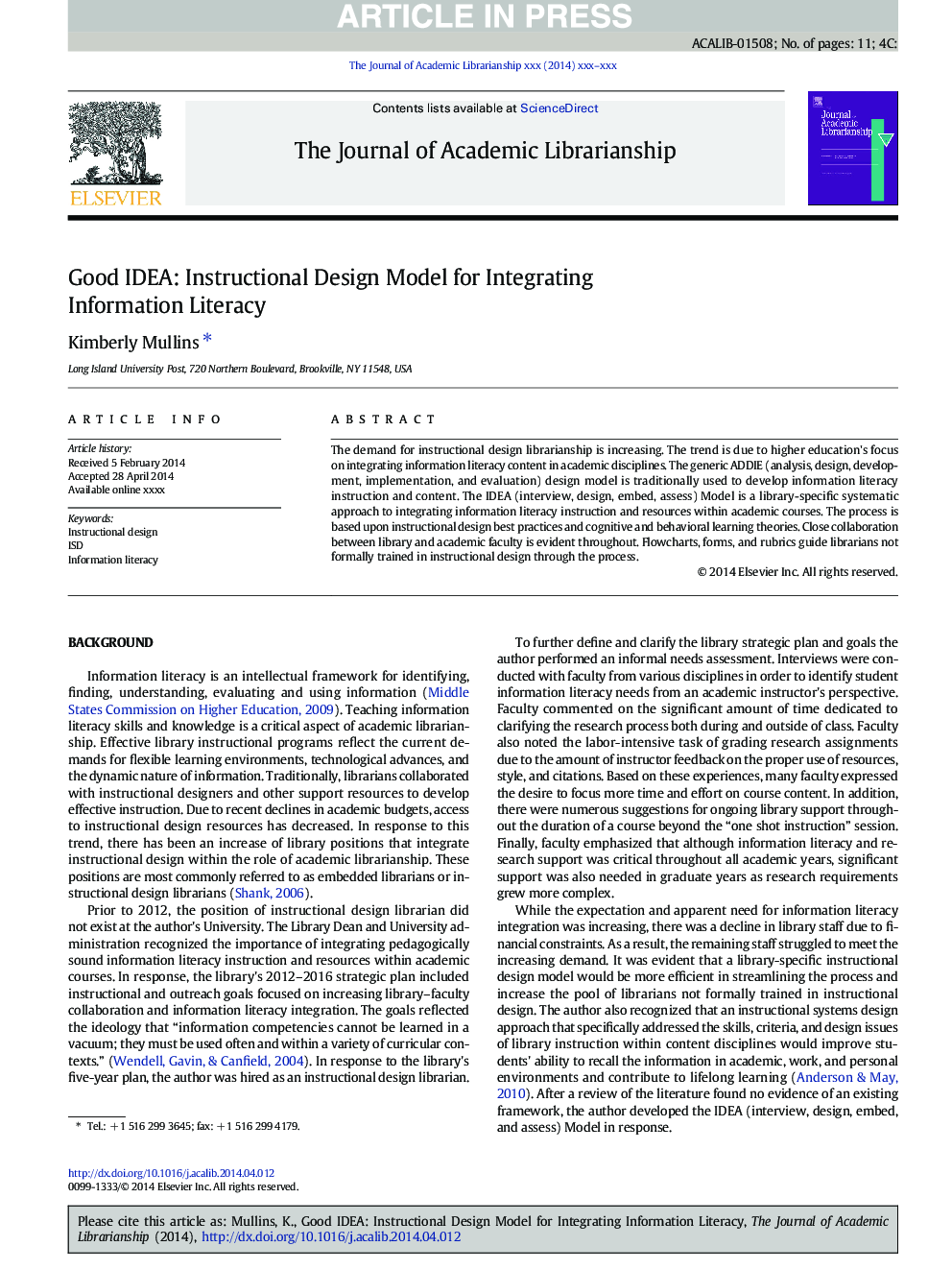 Good IDEA: Instructional Design Model for Integrating Information Literacy