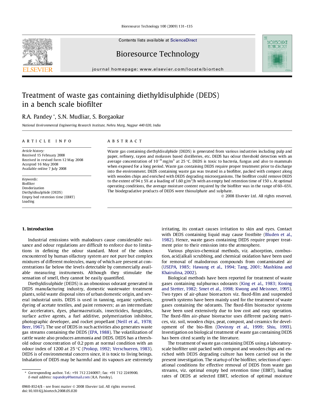 Treatment of waste gas containing diethyldisulphide (DEDS) in a bench scale biofilter