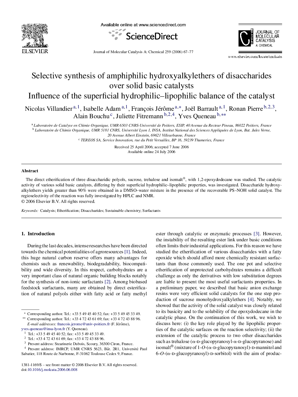 Selective synthesis of amphiphilic hydroxyalkylethers of disaccharides over solid basic catalysts: Influence of the superficial hydrophilic–lipophilic balance of the catalyst