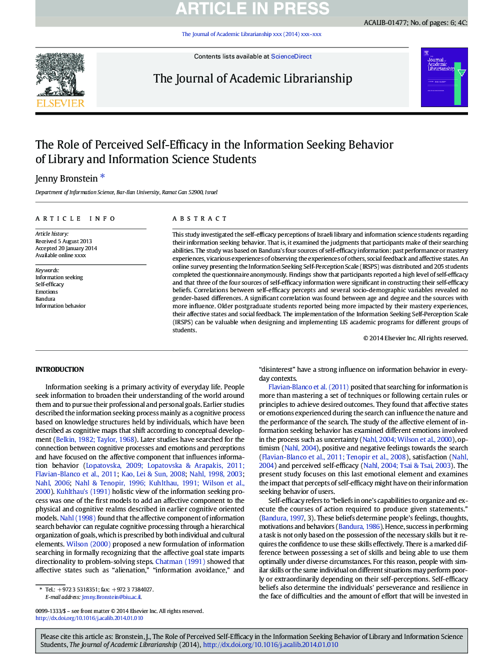 The Role of Perceived Self-Efficacy in the Information Seeking Behavior of Library and Information Science Students
