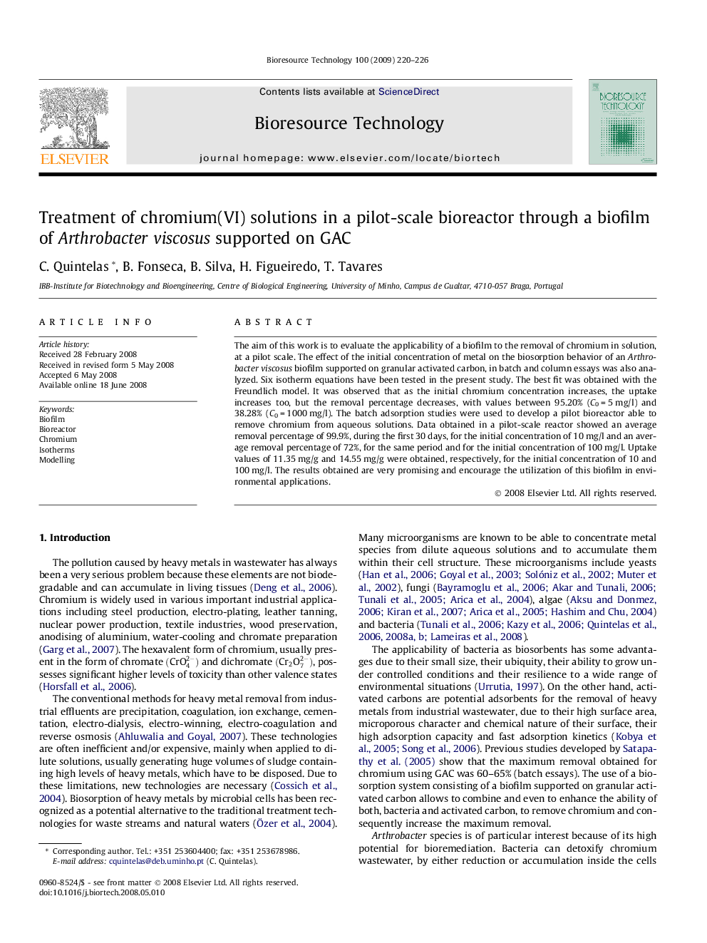 Treatment of chromium(VI) solutions in a pilot-scale bioreactor through a biofilm of Arthrobacter viscosus supported on GAC