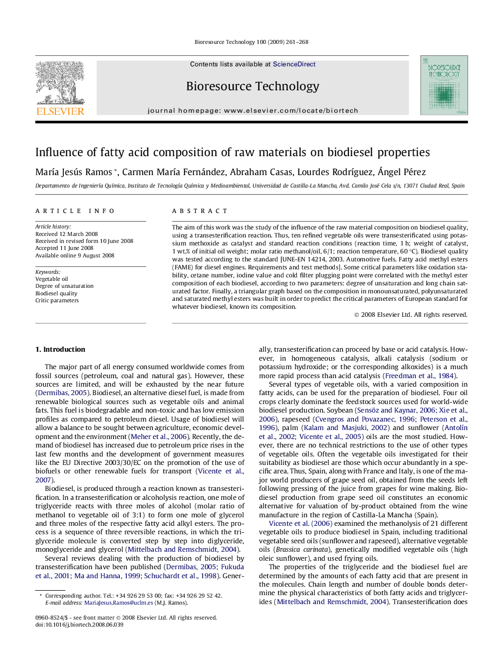 Influence of fatty acid composition of raw materials on biodiesel properties