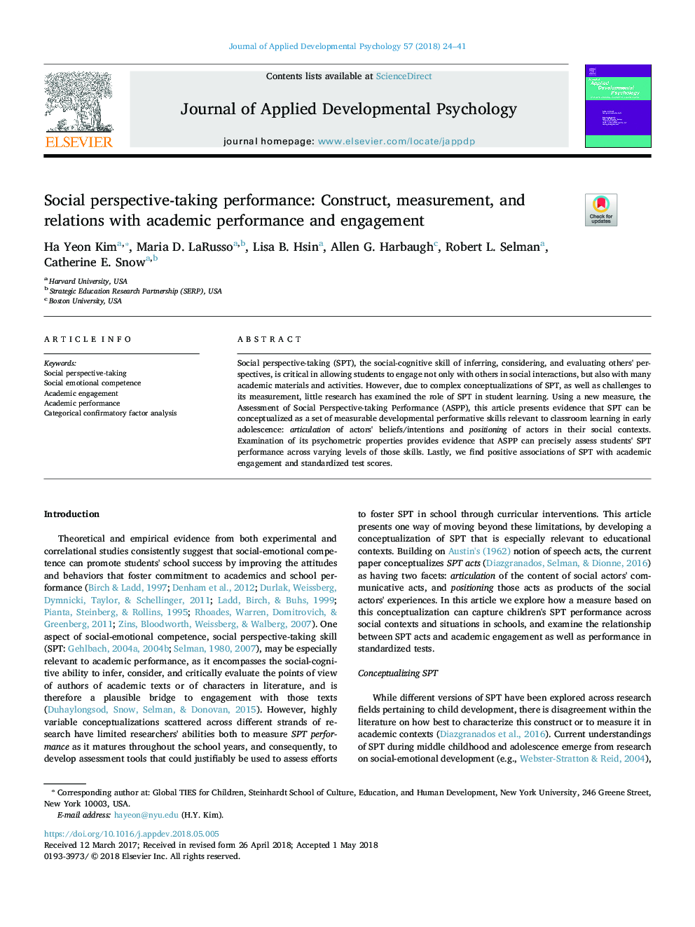 Social perspective-taking performance: Construct, measurement, and relations with academic performance and engagement