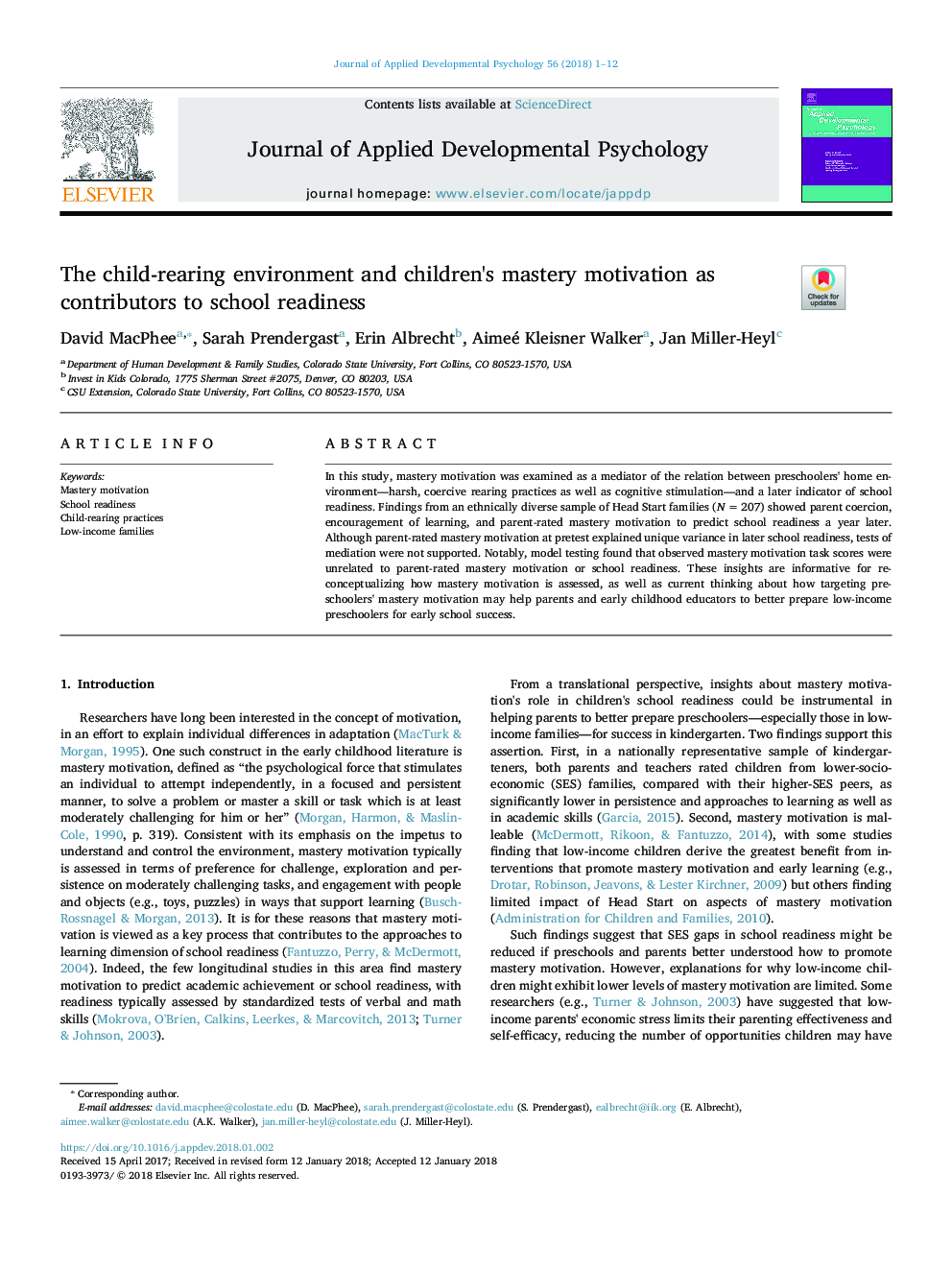 The child-rearing environment and children's mastery motivation as contributors to school readiness
