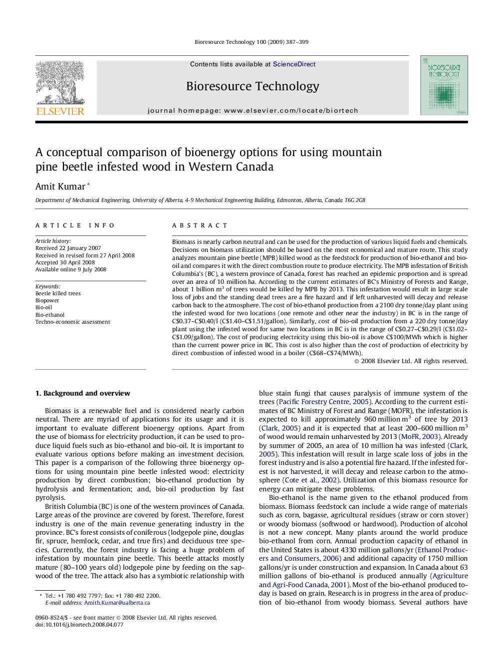 A conceptual comparison of bioenergy options for using mountain pine beetle infested wood in Western Canada