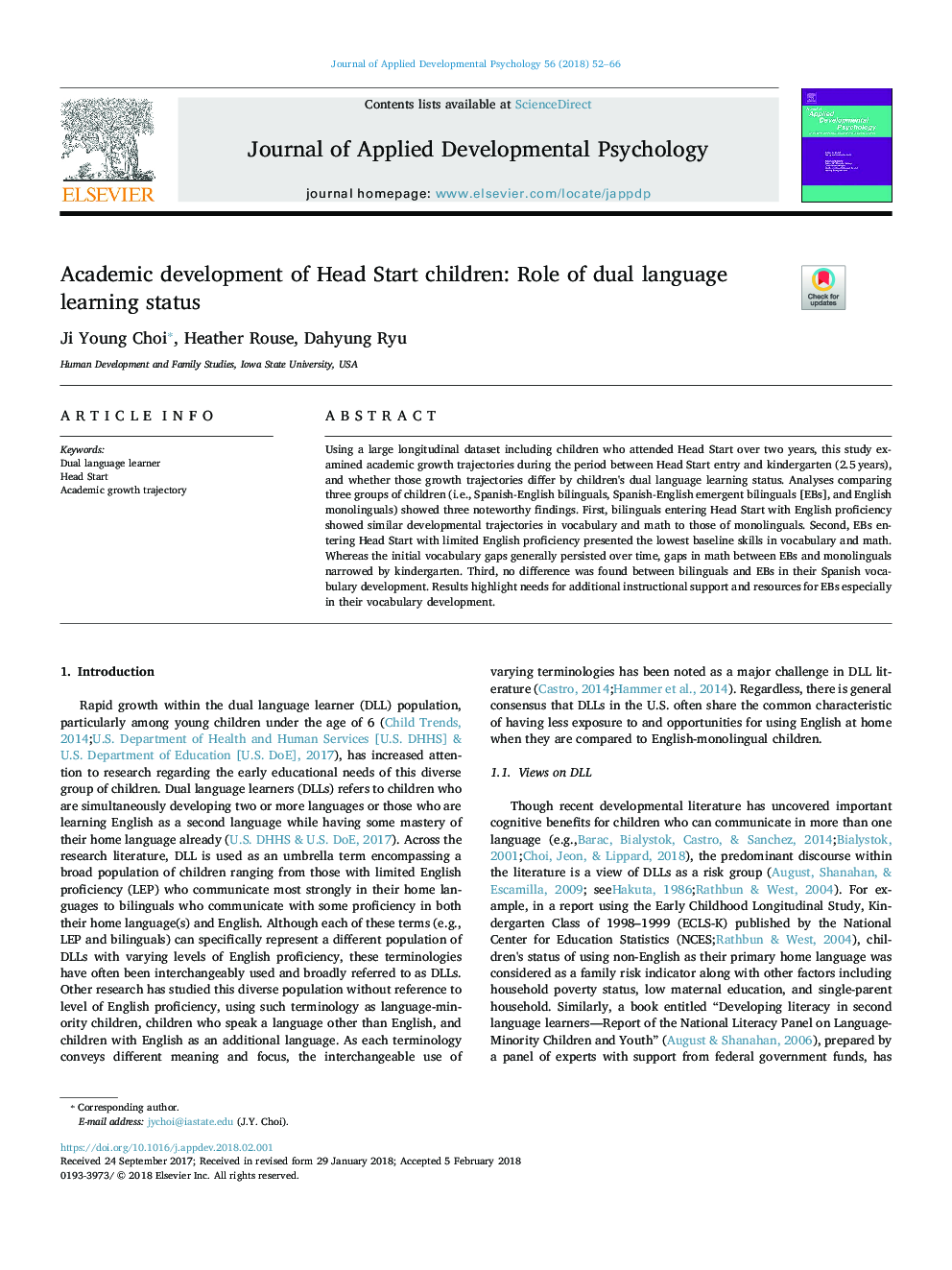 Academic development of Head Start children: Role of dual language learning status