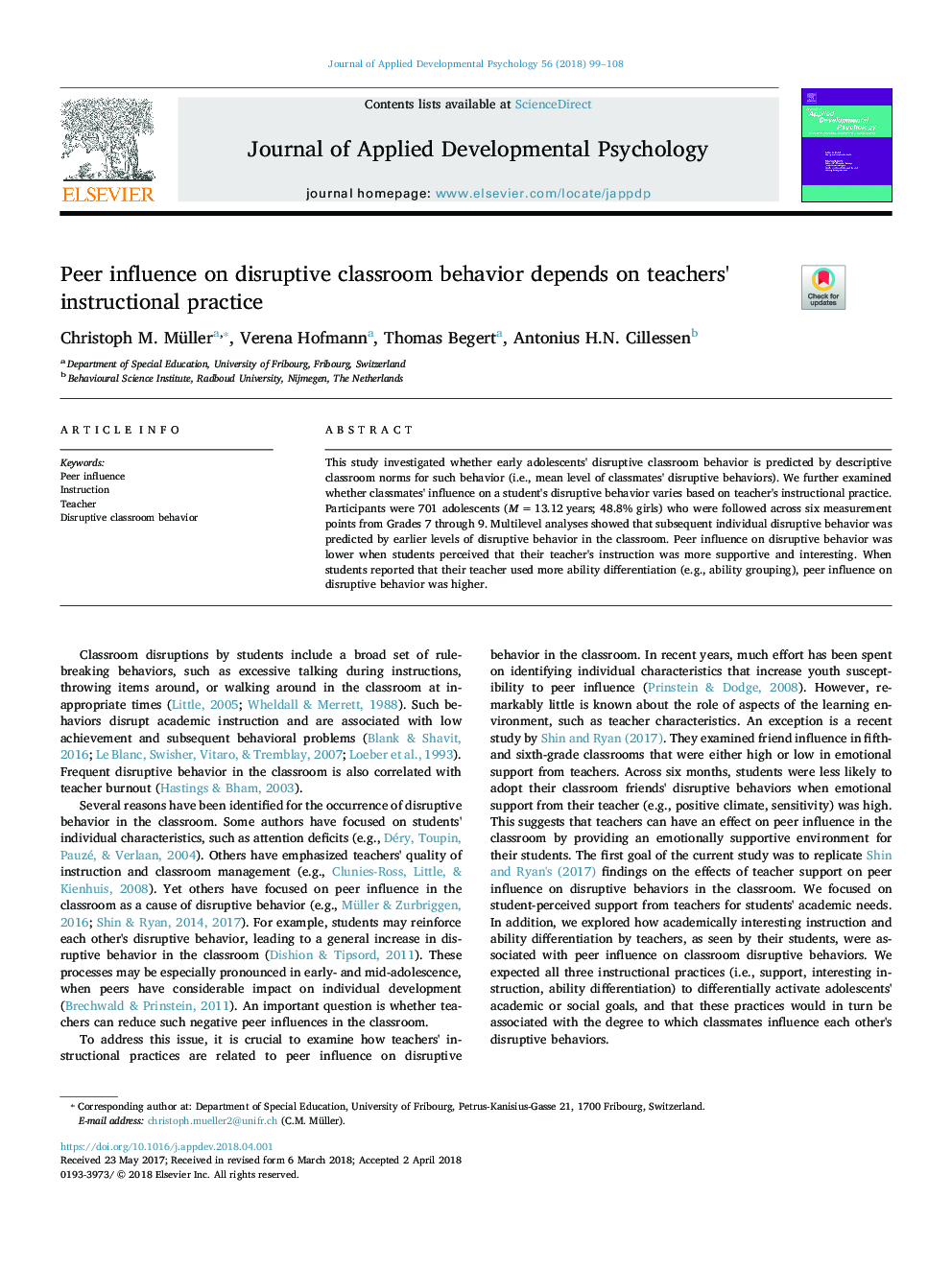 Peer influence on disruptive classroom behavior depends on teachers' instructional practice