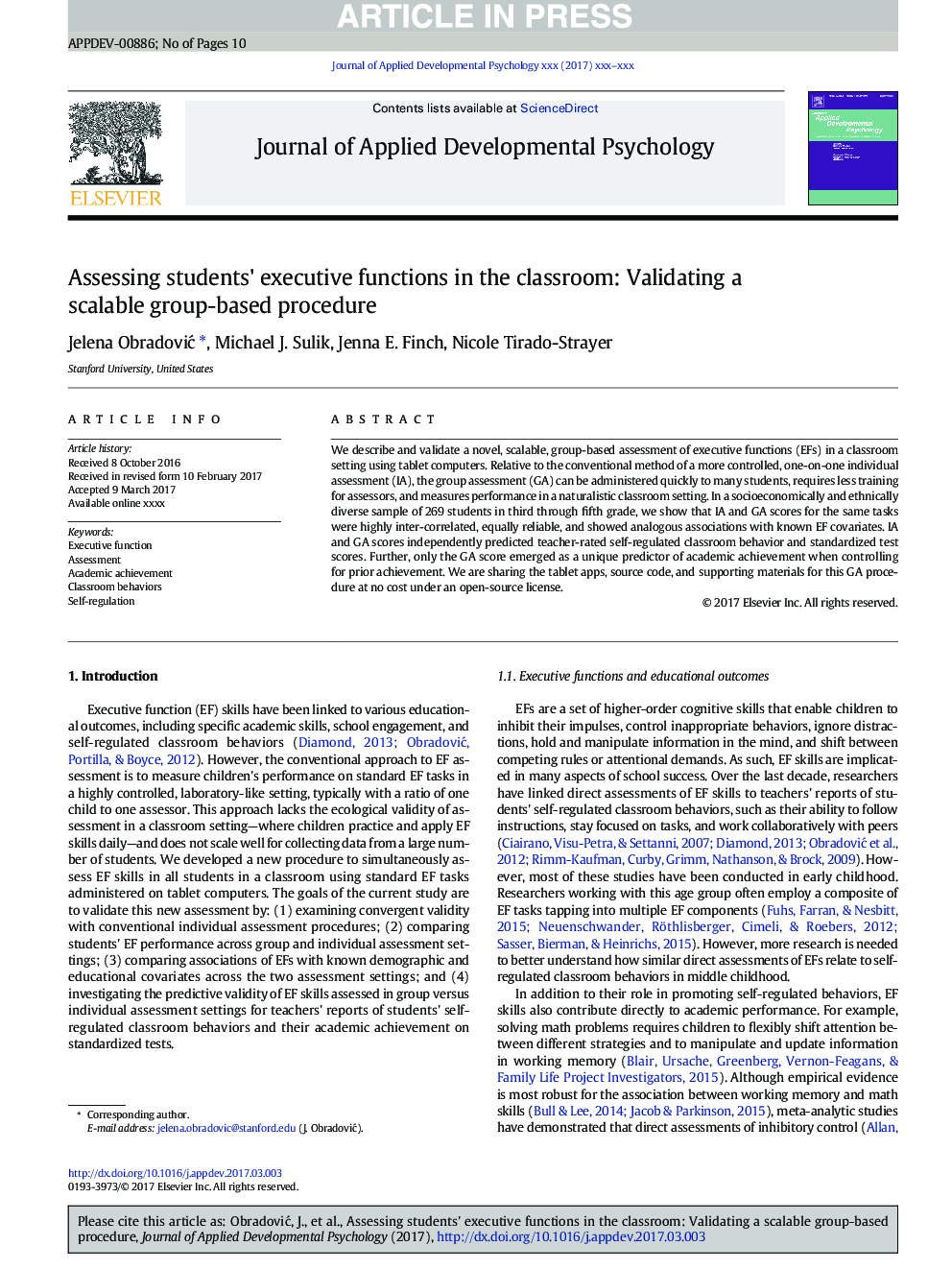 Assessing students' executive functions in the classroom: Validating a scalable group-based procedure