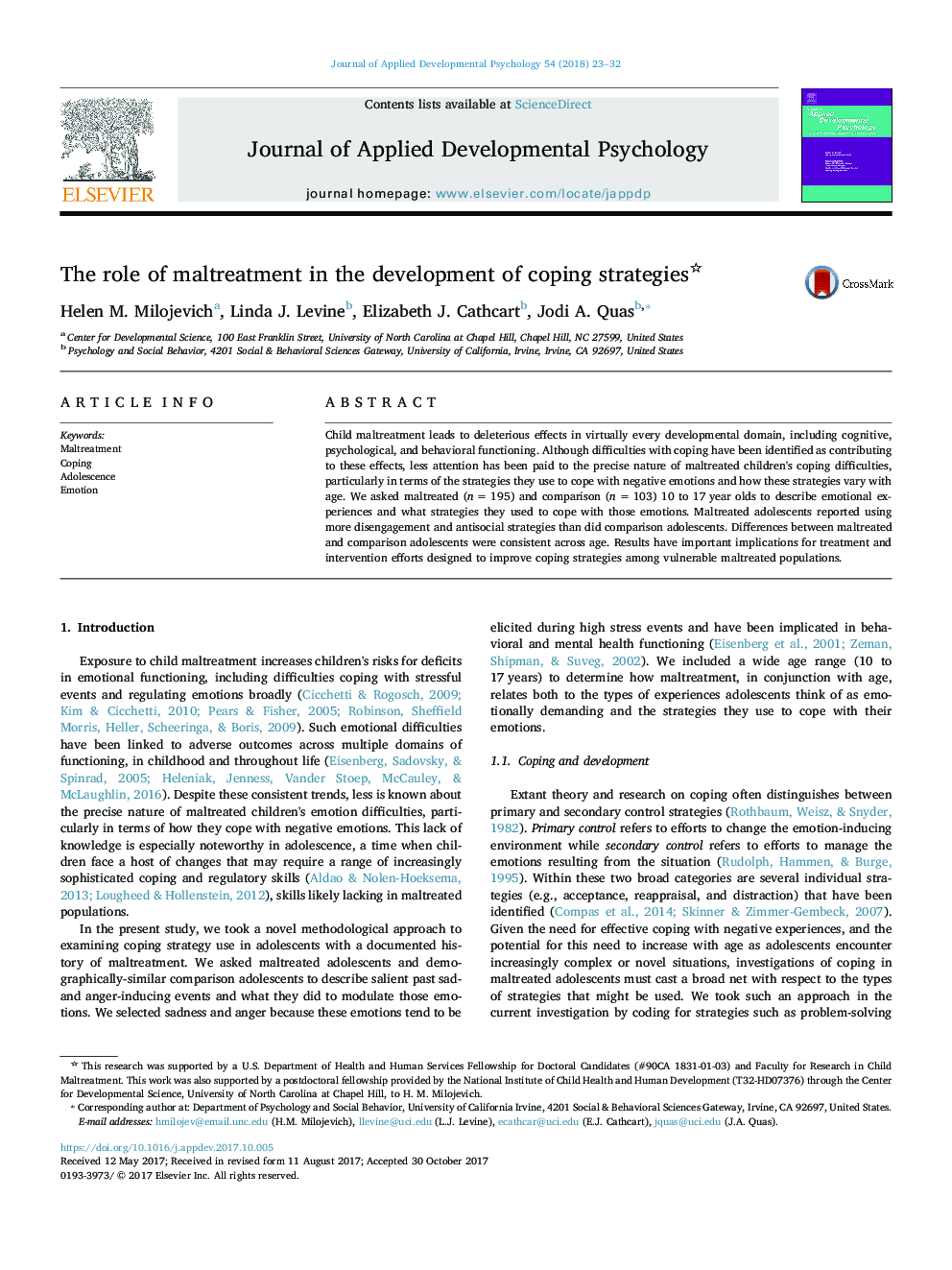 The role of maltreatment in the development of coping strategies