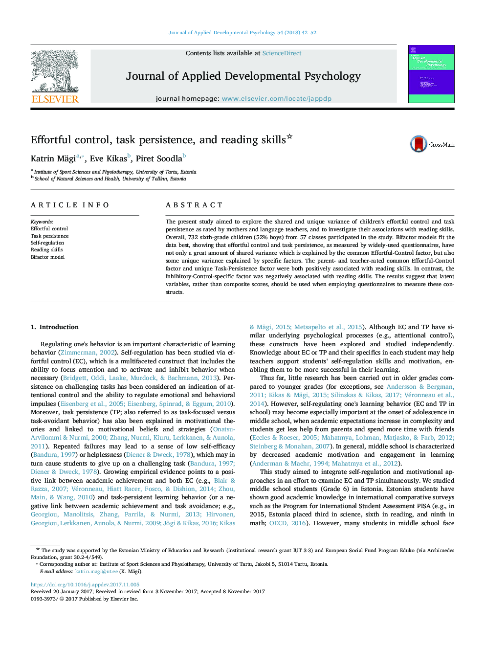 Effortful control, task persistence, and reading skills