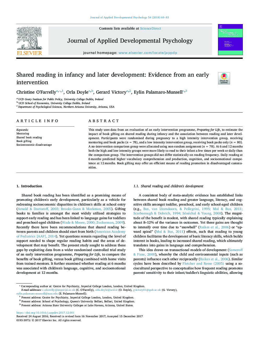 Shared reading in infancy and later development: Evidence from an early intervention