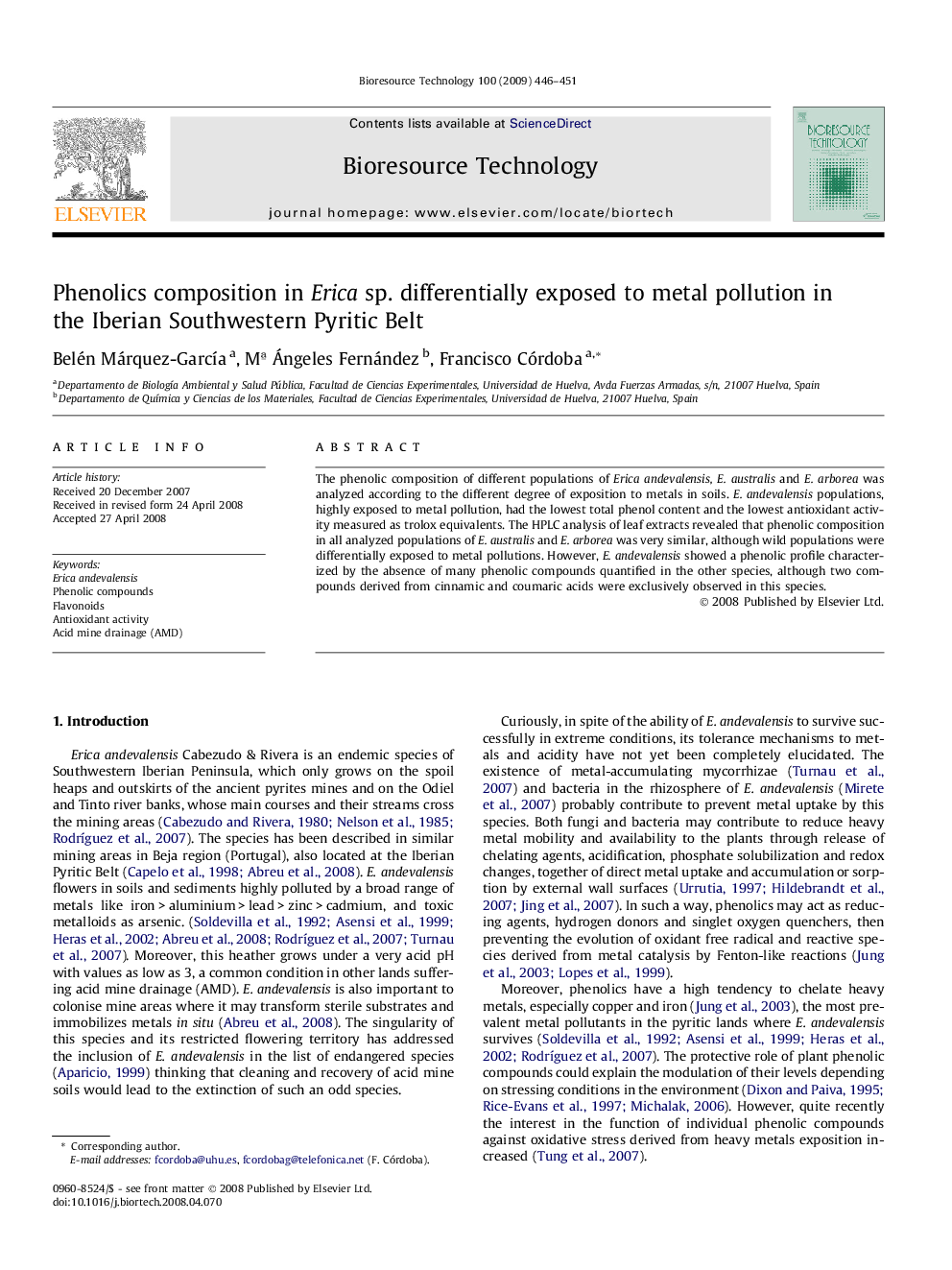 Phenolics composition in Erica sp. differentially exposed to metal pollution in the Iberian Southwestern Pyritic Belt