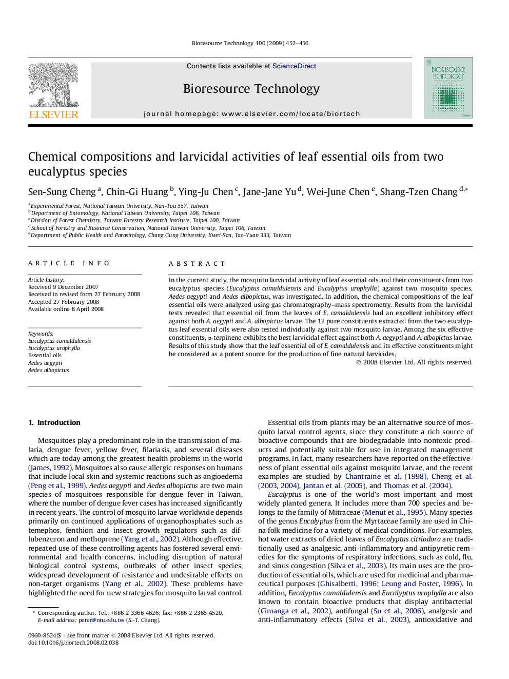 Chemical compositions and larvicidal activities of leaf essential oils from two eucalyptus species