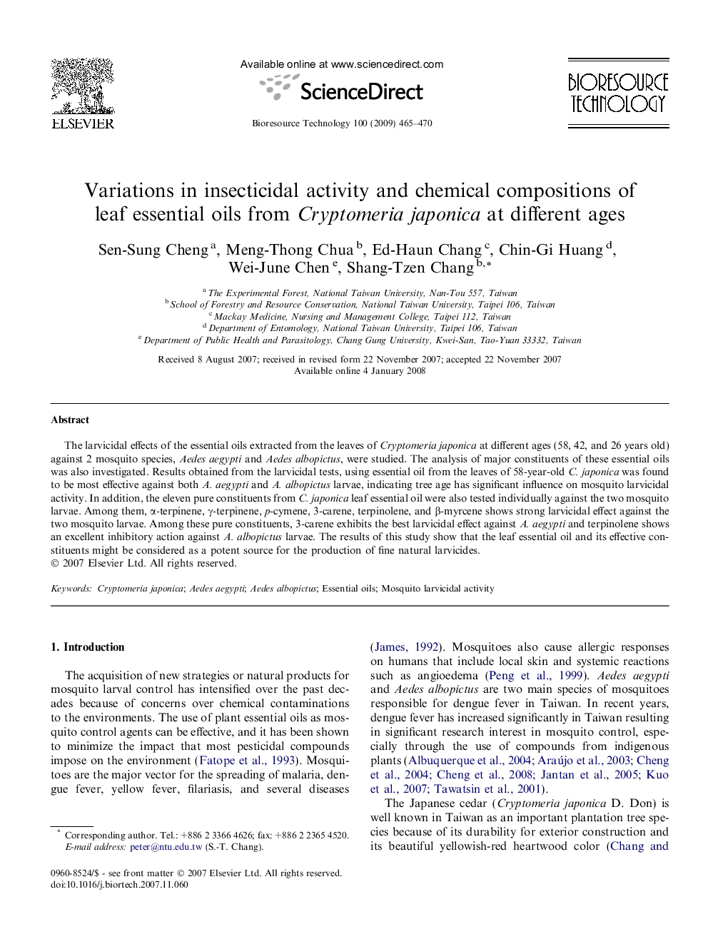 Variations in insecticidal activity and chemical compositions of leaf essential oils from Cryptomeria japonica at different ages