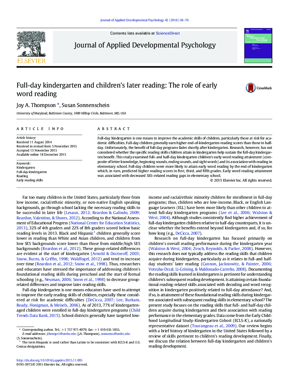 Full-day kindergarten and children's later reading: The role of early word reading